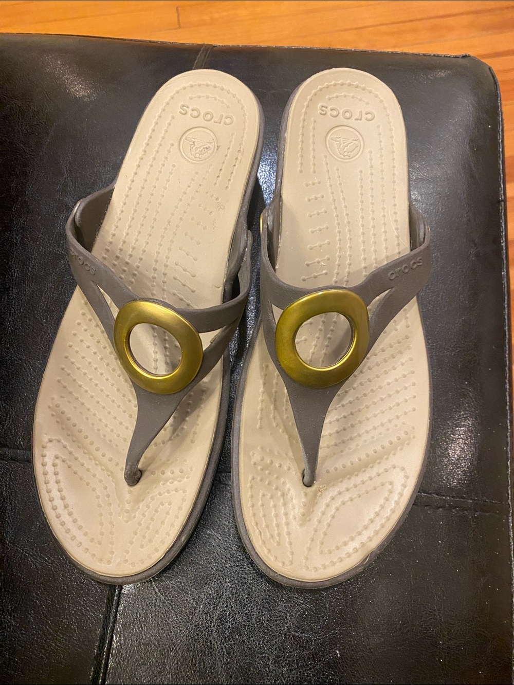 CROCS Women's Taupe Thong Sandals with Gold Ring Accent
